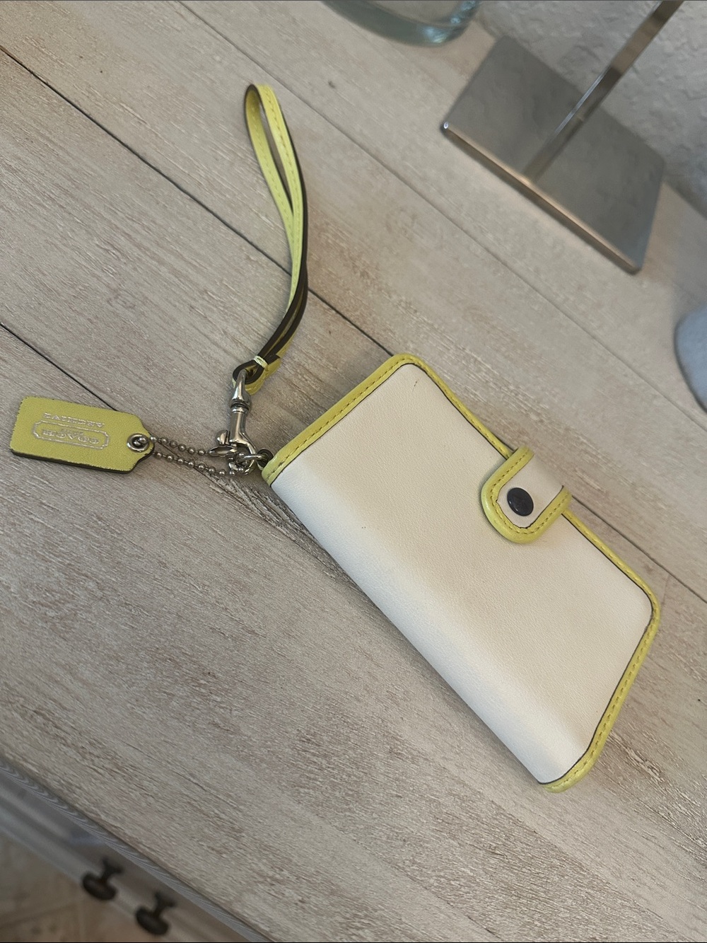 Coach White Leather Phone Case with Yellow Trim and Wristlet